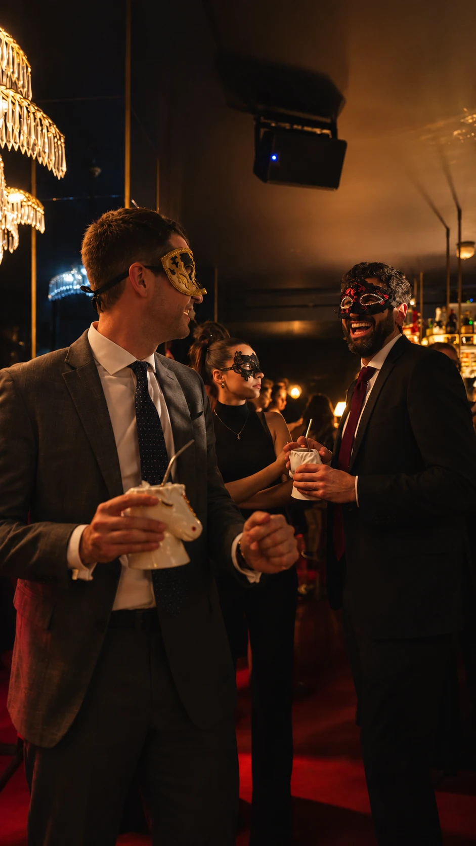 Two masked men laughing with drinks in hand